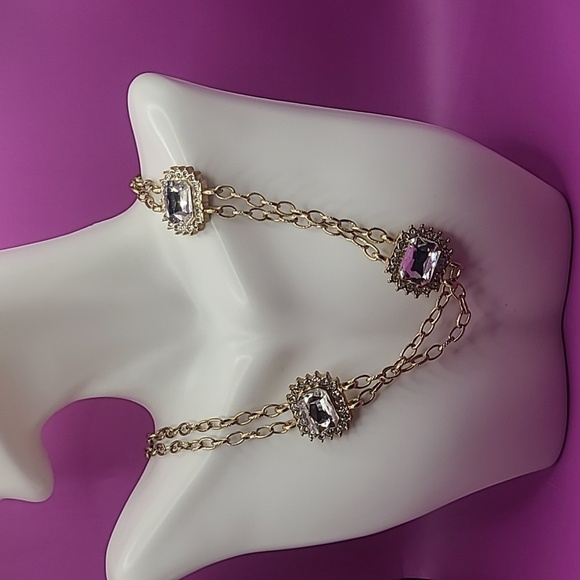 Gold tone double chain long necklace with faux diamonds - Picture 2 of 10